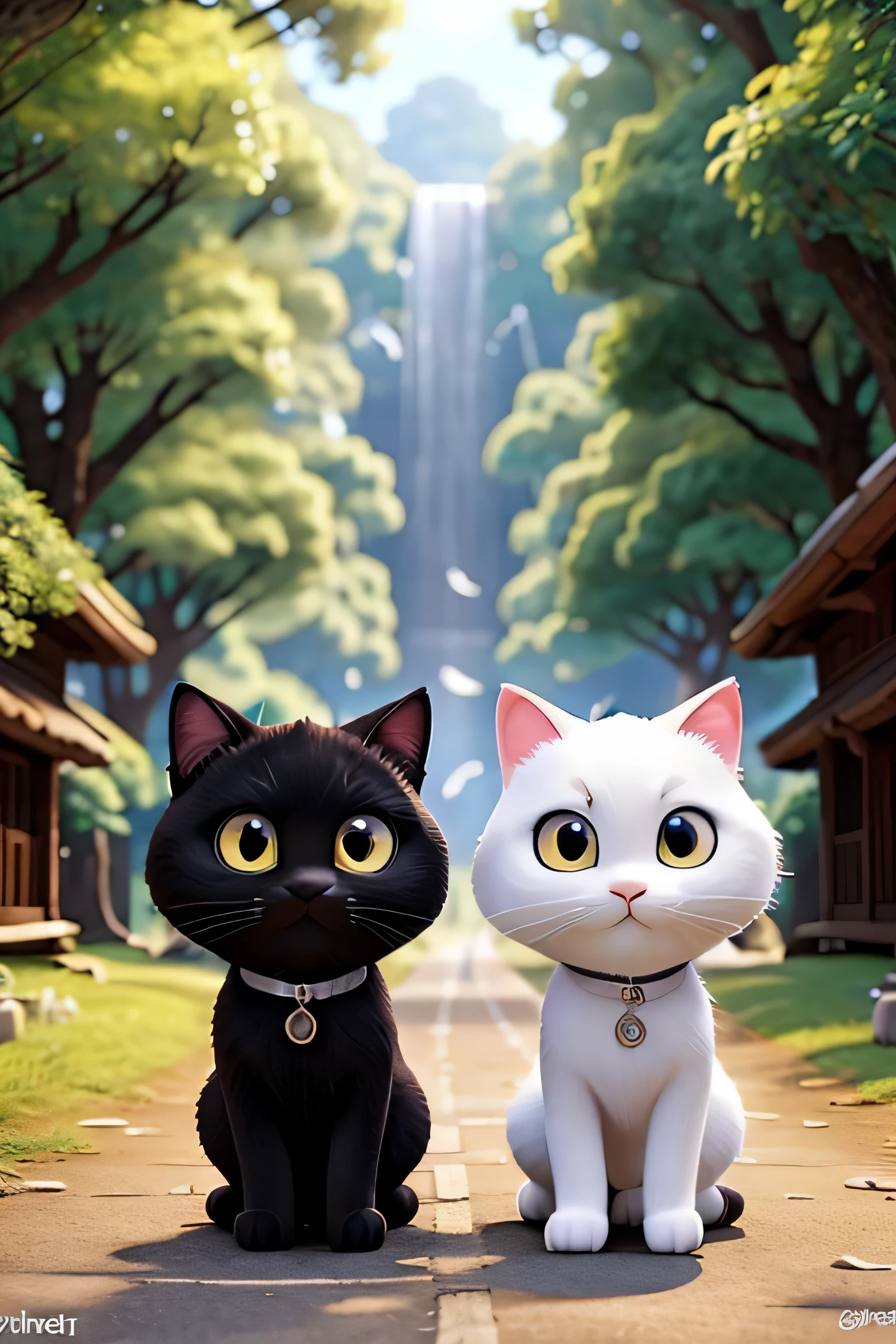 The black cat Kuro and the white cat Shiro are walking through the town streets together.、Draw a scene of walking into the forest.。They look forward excitedly.、They walk on all fours together, keeping their distance from each other.。The forest is enveloped in silence.、wood々The light shining through the gaps creates a fantastic pattern on the ground.。Around Kuro and Shiro、Flowers and wood々is overgrown、Small creatures are moving around secretly。You can feel their sense of adventure and friendship.、Please draw a scene with a bright and cheerful atmosphere.。