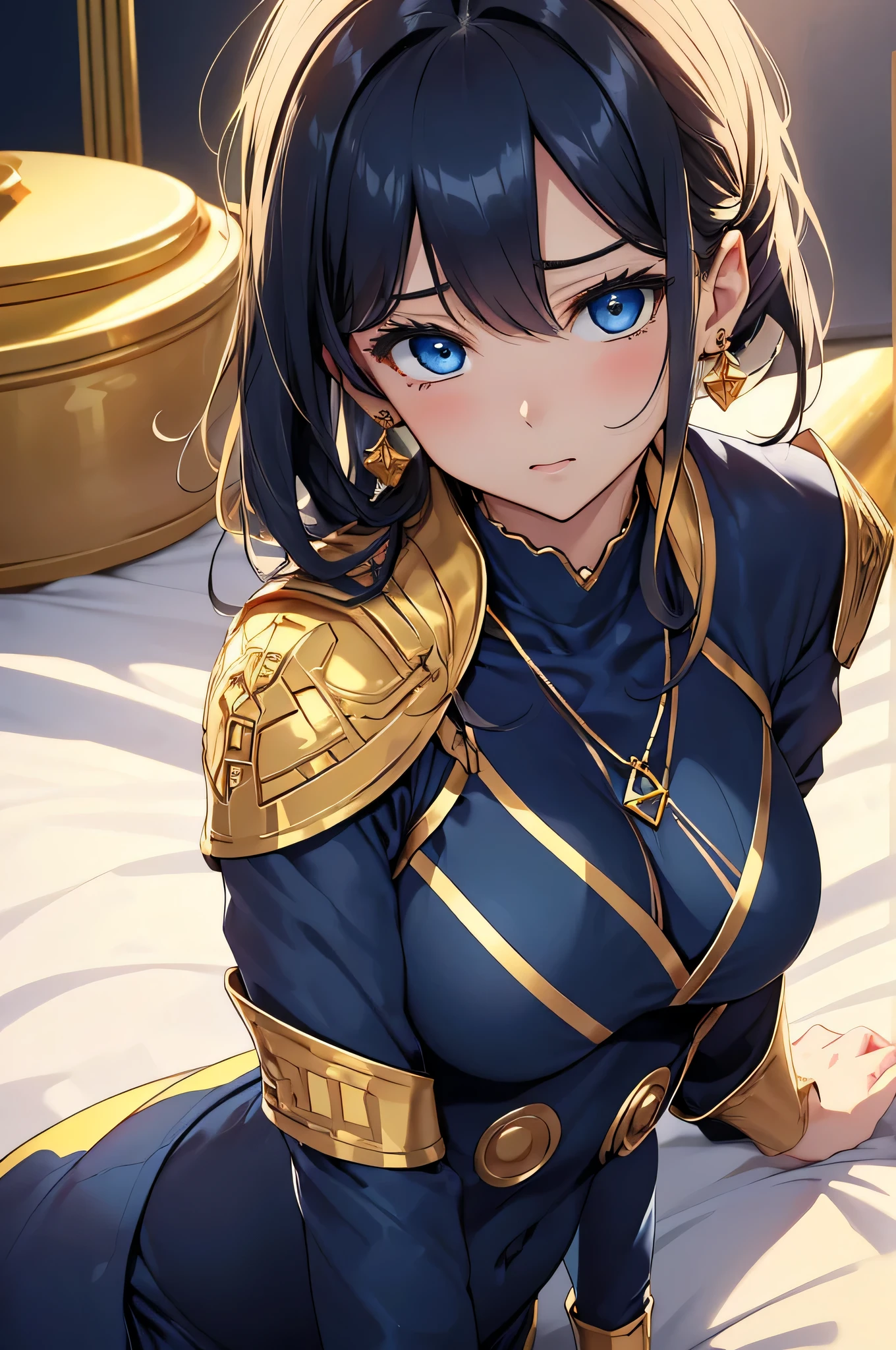 最high quality、best image quality、masterpiece、Curvy but thin body、perfect eyes, perfect face,The exact number of fingers、Exact number of legs、The exact number of armatures((bust 180:1.8)),beautiful blue eyes、1 girl:4.0、milking(Own),expose one&#39;s chest,beautiful nipples、beautiful big breasts(erect nipples:1)、sexy look、big breasts, 、black stockings、light blue short hair（inwardly curled hair）、thin、((Sexy navy elegant outfit 1.8,golden decoration:1.5)),from head to calf、black wristband on wrist、Golden star-shaped hair ornament、Golden Necklace、red face、Slippery texture)）high quality、beautiful art、With background((bed)))、visual art、written boundary depth、One earring in each ear、mole under eye、beautiful thighs 
