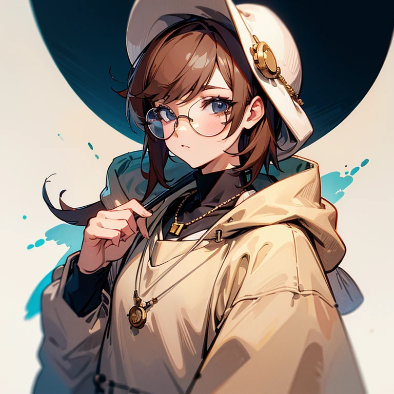 Femboy with feminine face, brown hair , circular glasses, necklace, beige hoodie