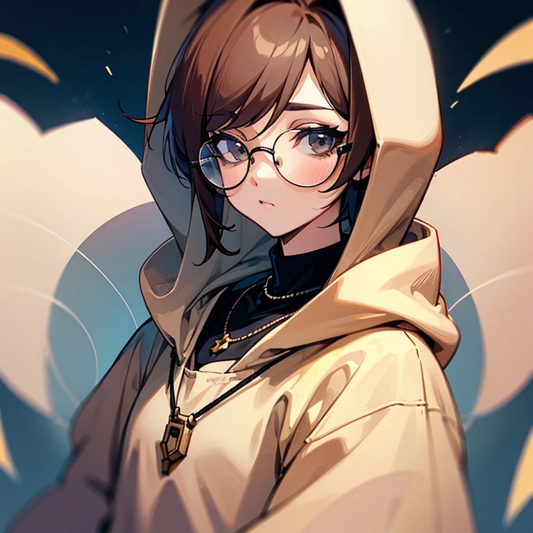 Femboy with feminine face, brown hair , circular glasses, necklace, beige hoodie