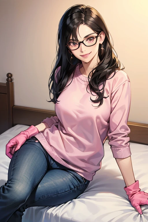 Mature housewife with black hair and glasses wearing jeans and a sweatshirt and pink rubber gloves stroking a penis