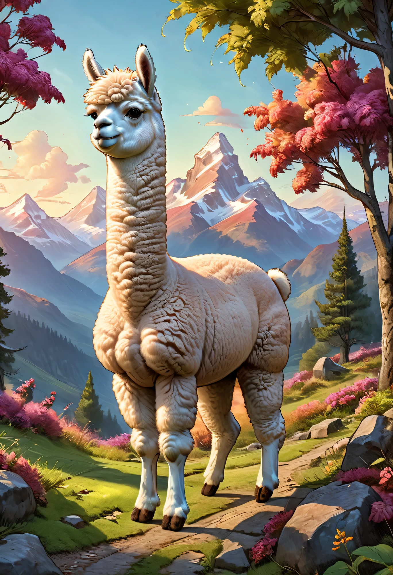 overall shot:1.4, (Masterpiece:1.5),(best quality:1.6), (Ultra-high resolution:1.4),((a furry, cute, epically beautiful alpaca:1.6)), in the middle of the mountains at sunset:1.4 )), landscape, vibrant colors, Sunrise, sun rays passing through the trees, leaves falling from the trees, dew on leaves and plants, clouds, (( magical, beautiful, otherworldly, trees:1.4 )), (( best quality, vibrant, 32K, clear and well-defined shadows, at night:1.3)).