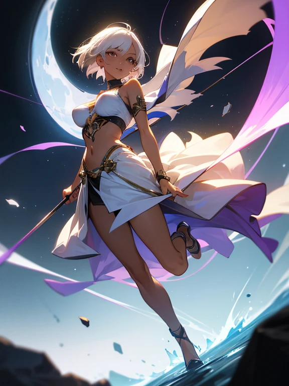 (Best Quality, Masterpiece:1.2), Ultra Detailed, 1girl, full body, tanned skin, brown skin, white hair, short hair, bold smile, arms crossed, large breasts, magic circle, strong aura, strong, detailed digital anime art, Best Quality, Masterpiece, Ultra-detailed, Beautiful, high resolution, Original, CG 8K, perfect artwork, beautiful face, Face Clean, Skin, hyper realistic, Ultra Detailed, detailed eye, dramatic lighting, (Realistic) Realistic, Full HD, Best Quality, Best Quality, Beautiful lighting, High Details, sharp-focus