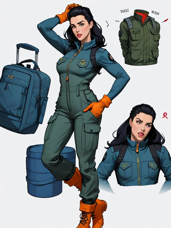 Cartoon style digital illustration white background Jennifer Connelly wearing the uniform from fallout 4 refuge 23 digital illustration Cartoon Material: The jumpsuit is made from a resistant fabric, possibly a cotton and polyester blend, to ensure durability and wear resistance.Cor e textura: The predominant color of the uniform is greyish blue., with a slightly rough texture to withstand harsh conditions.Jumpsuit design: The jumpsuit has long sleeves and long legs, offering almost total body protection. It is designed to be worn over other clothing, providing an additional layer of insulation and protection.Bolsos e compartimentos: The jumpsuit has several pockets strategically positioned around the torso, legs and arms. These pockets are useful for storing tools, survival equipment and other essential objects. Furthermore, There may be internal pockets for more precious or sensitive items.Fecho e ajustes: Na parte da frente, the jumpsuit can have a sturdy zipper closure or snap buttons, proporcionando um fechamento seguro. Furthermore, pode haver ajustes na cintura, cuffs and ankles to ensure a comfortable, personalized fit.Vault 23 Emblem: The Vault 23 emblem is prominent on the chest and back of the uniform. Ele pode ser bordado ou estampado, featuring a stylized geometric figure representing identity and affiliation with the refuge.Complementary accessories: Para complementar o uniforme, residents of Refugio 23 can wear heavy-duty work gloves, possibly made from the same material as the jumpsuit, and durable safety boots, designed to protect feet from sharp objects and rough terrain.