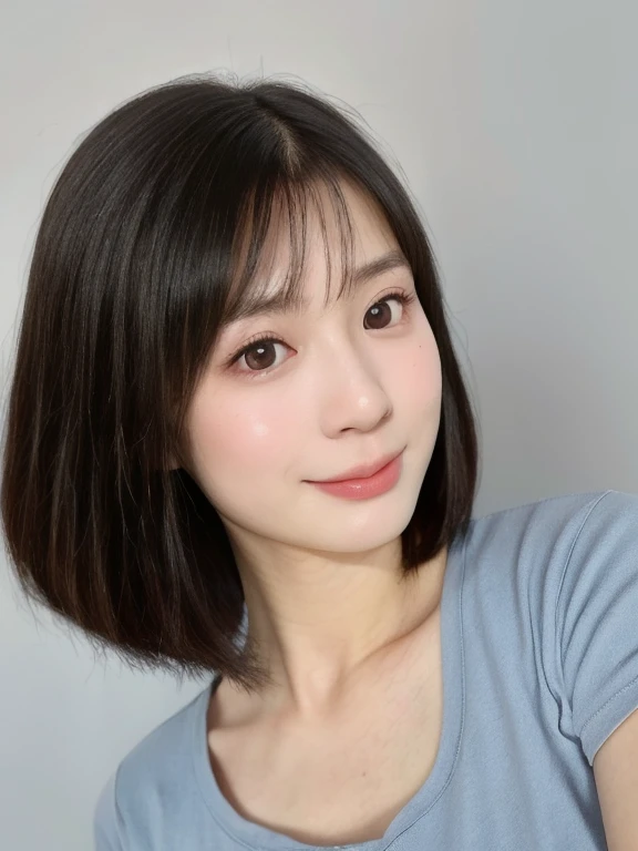 (kawaii 24 year-old Japanese girl, Nogizaka idol, Korean idol), (glossy black hair, messy very short hair, messy pixie cut, symmetric hair length, even length hair edges:1.3), (forehead), (extra rounded face, black eyes, single eyelid, no makeup, soft smiling:1.2), (wearing light blue t-shirt:1.3), (flat chest, extra small breasts:0.8), (looking at viewer:1.2), BREAK, (simple white background:1.3), (angle from below, portrait:1.3), BREAK, (masterpiece, best quality, photo realistic, official art:1.4), (UHD, 8K quality wallpaper, high resolution, raw photo, golden ratio:1.2), (shiny skin), professional lighting, physically based rendering, award winning, (perfect anatomy, highly detailed skin, extremely detailed face and eyes), Carl Zeiss 85 mm F/1.4, depth of field, 1girl, solo,