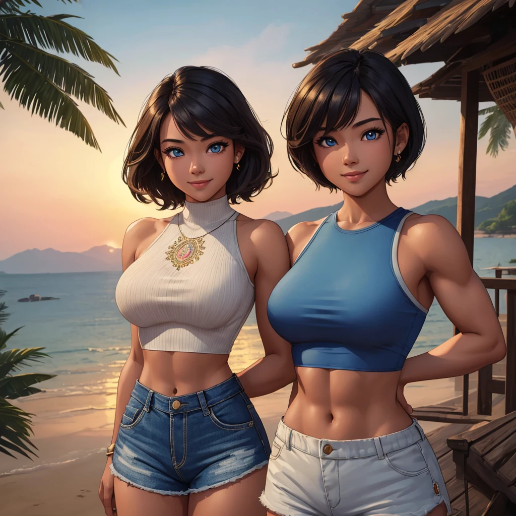 (masterpiece, best quality:1.1576), (ultra-detailed:1.1025), (cinematic lighting, illustration:1.05, beautiful detailed eyes, 1girl:1.05), Filipino girl, 24-years-old, strong muscles, short hair, blue crop top, high waisted shorts, smile, summer, village, hands at hips
