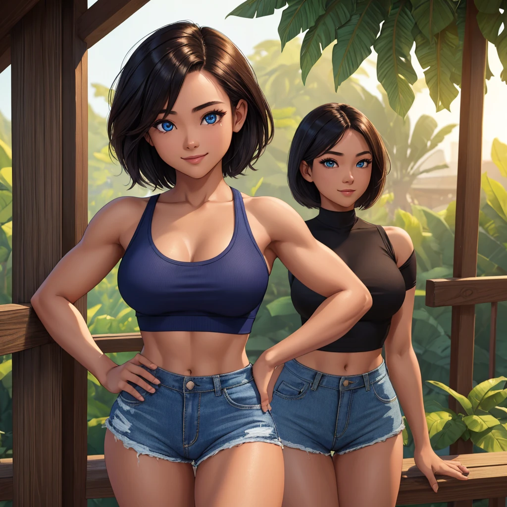 (masterpiece, best quality:1.1576), (ultra-detailed:1.1025), (cinematic lighting, illustration:1.05, beautiful detailed eyes, 1girl:1.05), Filipino girl, 24-years-old, strong muscles, short hair, blue crop top, high waisted shorts, smile, summer, village, hands at hips
