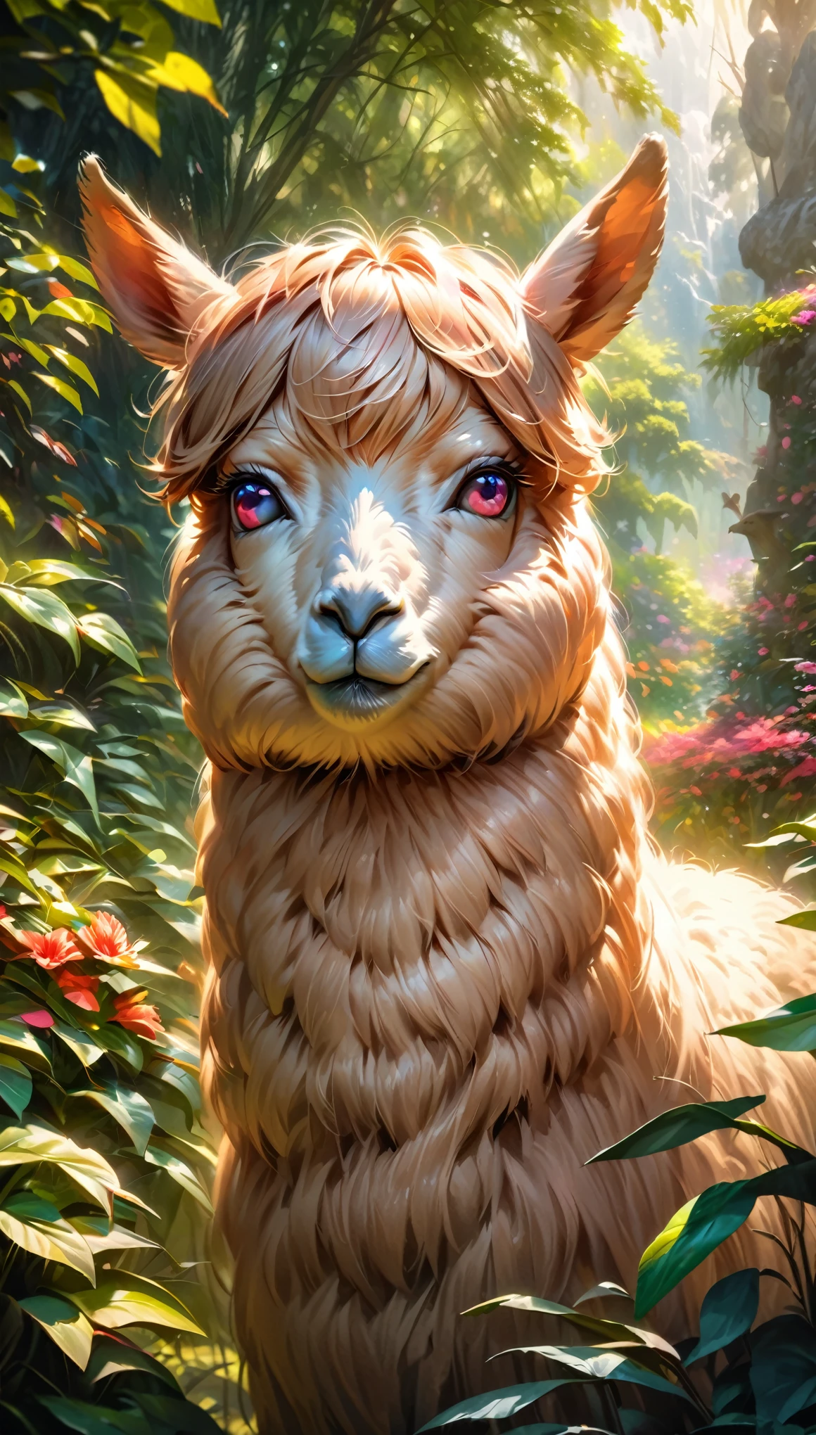 (best quality,ultra-detailed,realistic:1.37),oil painting,Alpaca with beautiful, piercing eyes,staring intently,soft,fluffy fur,peaceful expression,focused gaze,curious and gentle demeanor,vibrant colors,natural sunlight,detailed textures,harmonious background,subtle brushstrokes,vivid colors,tranquil atmosphere,colorful foliage,lush greenery,stunning details,delicate shading and highlights,professional artwork,Alpaca in a serene garden,photo-realistic rendering.