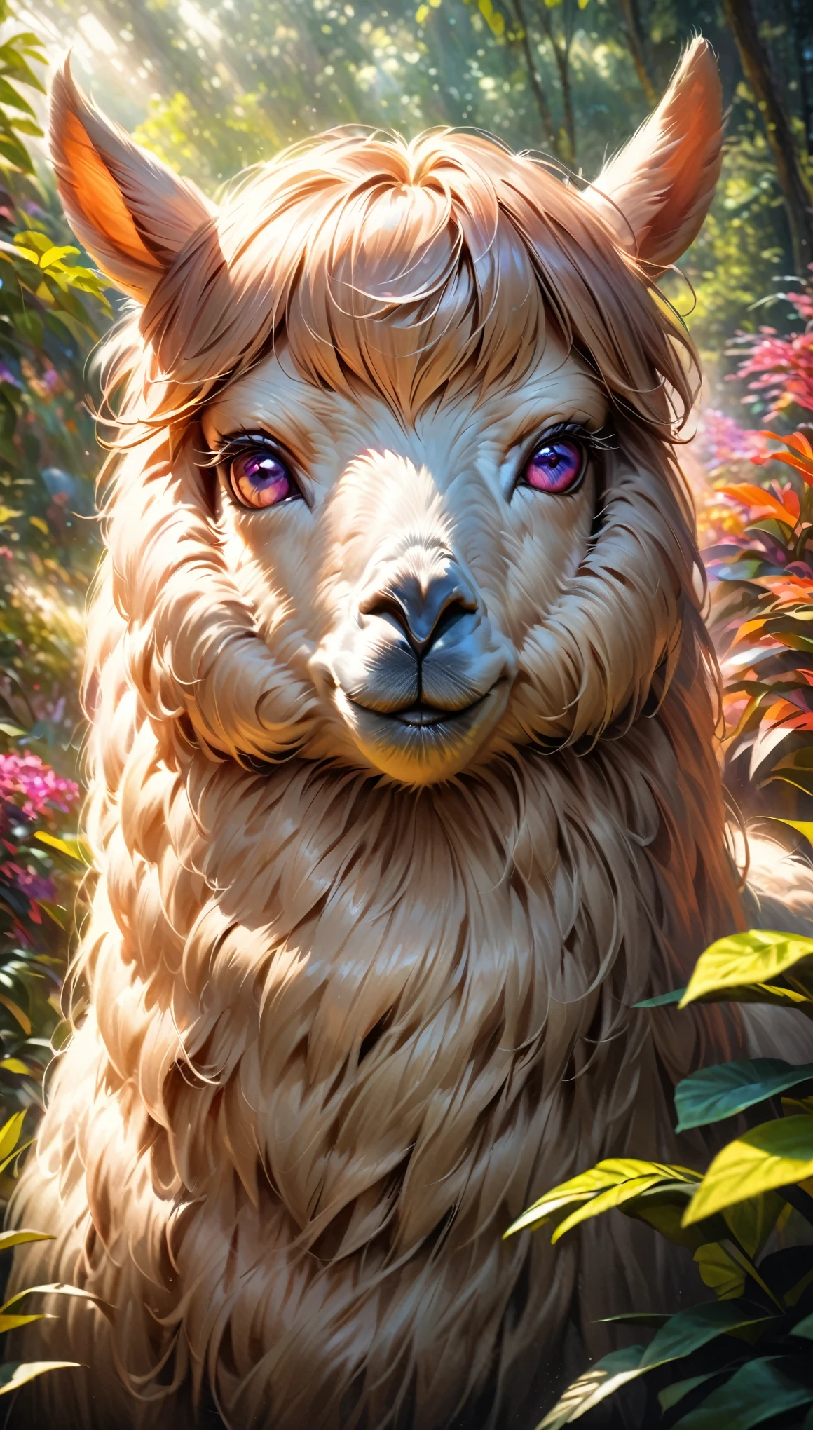 (best quality,ultra-detailed,realistic:1.37),oil painting,Alpaca with beautiful, piercing eyes,staring intently,soft,fluffy fur,peaceful expression,focused gaze,curious and gentle demeanor,vibrant colors,natural sunlight,detailed textures,harmonious background,subtle brushstrokes,vivid colors,tranquil atmosphere,colorful foliage,lush greenery,stunning details,delicate shading and highlights,professional artwork,Alpaca in a serene garden,photo-realistic rendering.