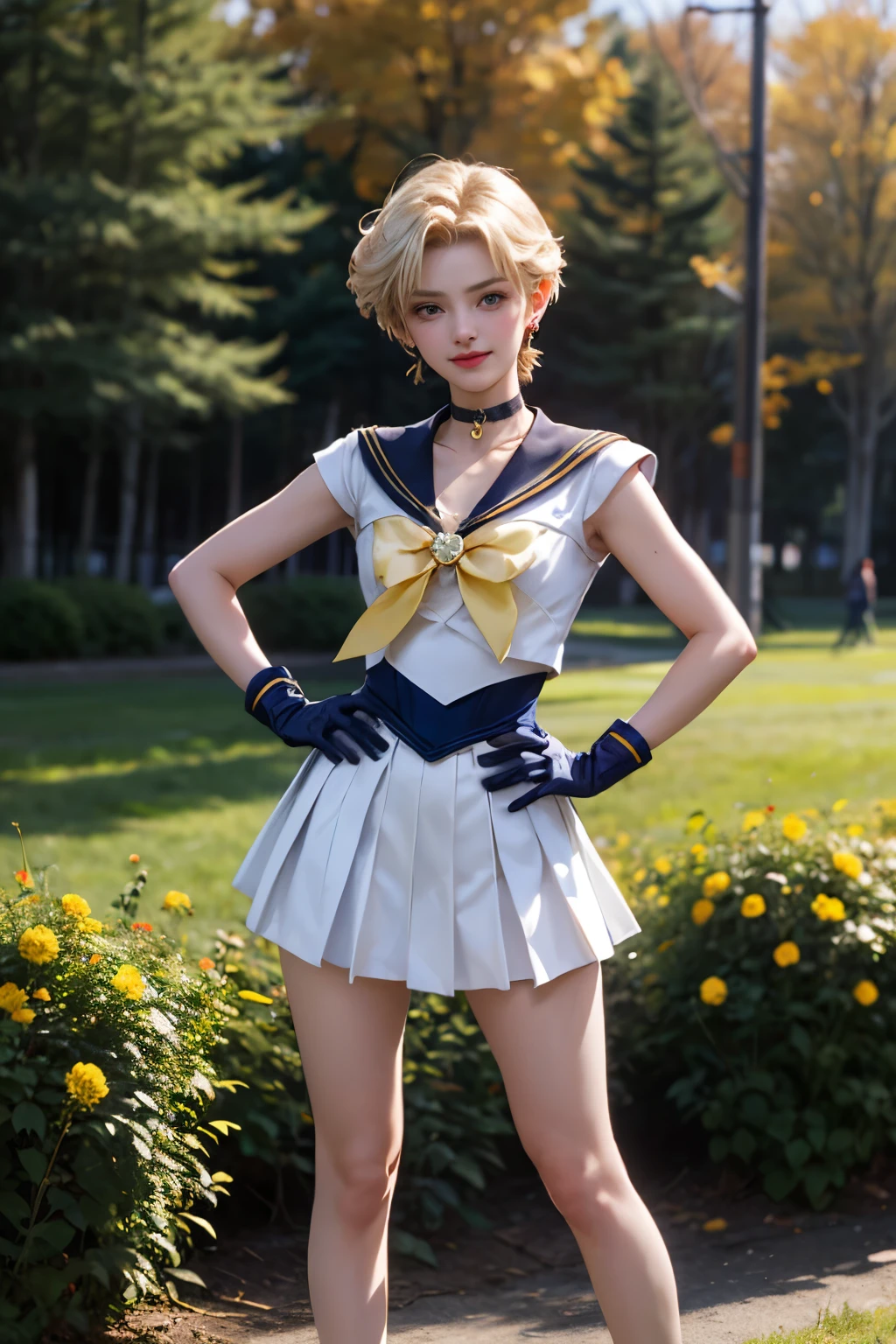 Sailor_Uranus, Blonde, blue eyes, jewelry, choker, , mini skirt, Circlet,white elbow gloves, yellow seifuku, View your viewers, Severe, smile, Medium Shot, 
Are standing, Hands on hips, outside, garden, wood, Field, autumn, cloudy, Extremely detailed, High resolution, Beautiful quality,analog  