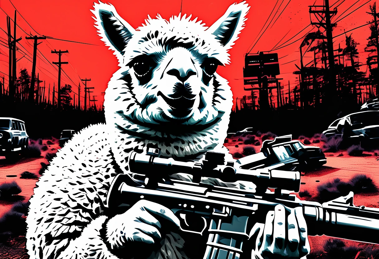 wordless, cinematic poster, splash page, horror noir shot, image within image, double exposure, alpaca apocalypse, Alpaca dual wileding M60 machine guns, with unknown silly sinister unfunny smiling expression, looks on with concern and small eyed horror, expressive distinct lines rough charcoal sketch aesthetics, bold negative color palette, negative inverse coloring (spectrum dark drab bleak coloring, rich color grading for cel shading depth), vivid color splash, hyper maximal, strange, intense, unsettling, supernatural, occult, atmospheric, overwhelming dread, pure dread, moody, disturbing profound imagery, utter tragedy, intensely upsetting, bizarre, scary, unexplained, unresolved