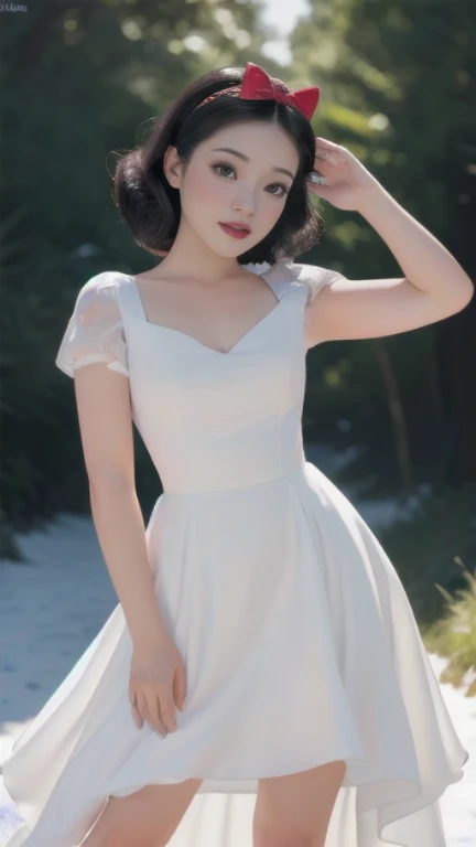 NSFW, hot, erotic, sexy, se, porn, nude, ((1 chica)), Obra maestra, (alta calidad, mejor renderizado), (hermosa chica, Blanco como la nieve), (bomb, estilo pin-up), caliente, seda floja, cuerpo perfecto, araffed Blanco como la nieve in a yellow dress with a red bow, sexy Blanco como la nieve, portrait of Blanco como la nieve, pale Blanco como la nieve skin, 4k high definition. Blanco como la nieve hair, Princesa de Disney, hermosa princesa femenina, princesa anime, high definition artwork, arte oficial, dibujos animados de disney, princesa hermosa, fondo del bosque, piernas largas y delgadas, pechos grandes, pose sexy, Colores vibrantes