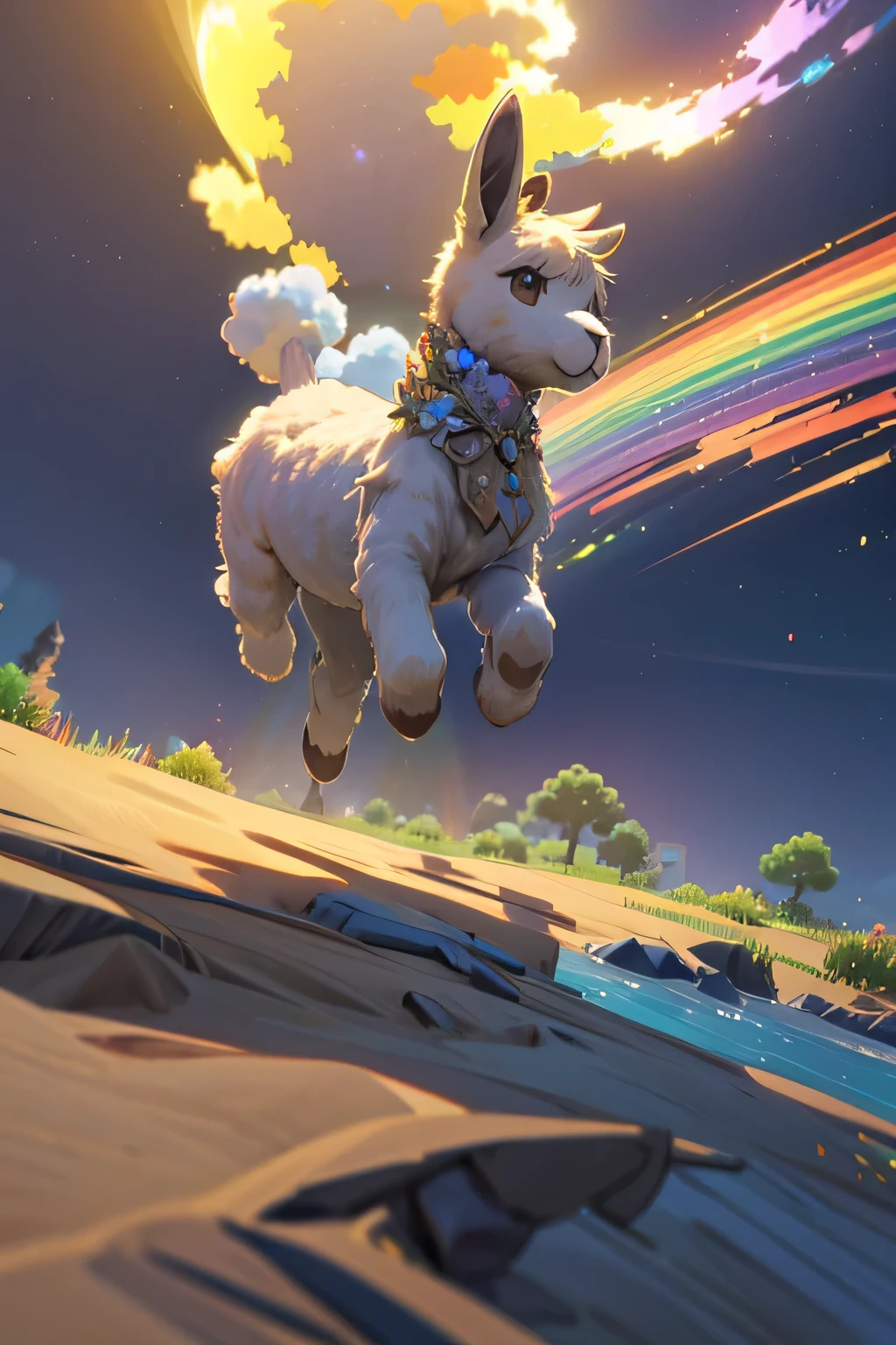 An Alpaca, illustration of a cute little alpaca , fluffy, long-necked alpaca, running through a rainbow-coloured galaxy, as if from Pokémon, 
(best composition), (Masterpiece), (Best Quality), (intricate Detailes),