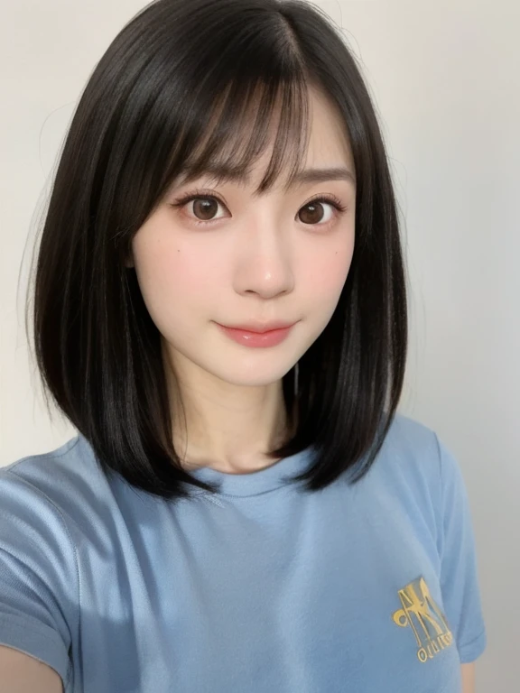 (kawaii 24 year-old Japanese girl, Nogizaka idol, Korean idol), (glossy black hair, messy very short hair, messy pixie cut, symmetric hair length, even length hair edges:1.3), (forehead), (extra rounded face, black eyes, single eyelid, no makeup, soft smiling:1.2), (wearing light blue t-shirt:1.3), (flat chest, extra small breasts:0.8), (looking at viewer:1.2), BREAK, (simple white background:1.3), (angle from below, portrait:1.3), BREAK, (masterpiece, best quality, photo realistic, official art:1.4), (UHD, 8K quality wallpaper, high resolution, raw photo, golden ratio:1.2), (shiny skin), professional lighting, physically based rendering, award winning, (perfect anatomy, highly detailed skin, extremely detailed face and eyes), Carl Zeiss 85 mm F/1.4, depth of field, 1girl, solo,