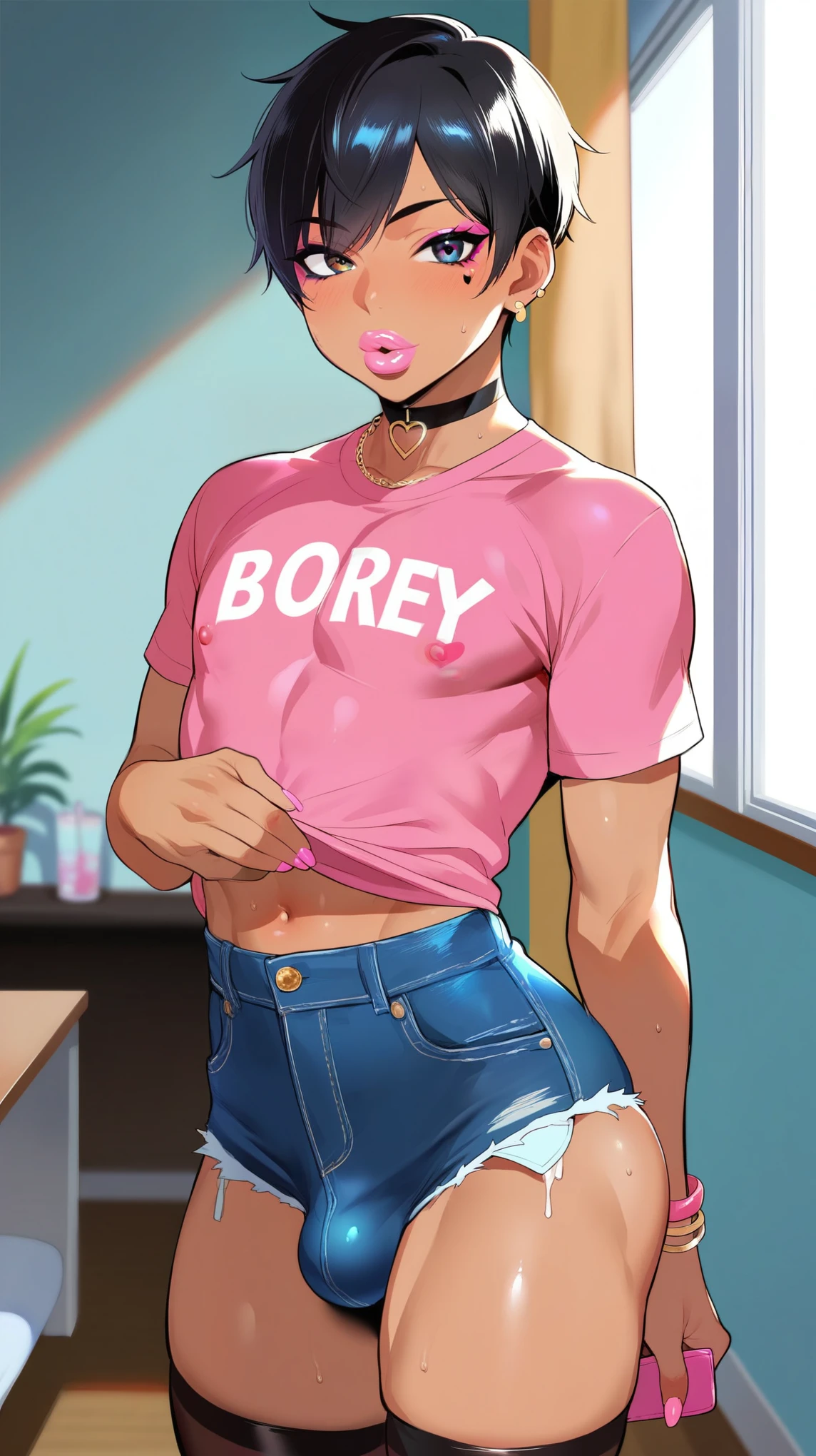 score_9, score_8_up, score_7_up, source_anime, ((shota)), 1boy, bimbo, gyaru, thighhighs, bimbo makeup, bimbo clothes, black hair, huge lips, bimbo lips, slut, whoree, indoors, looking at viewer, seductive, ikuchan, male, femboy