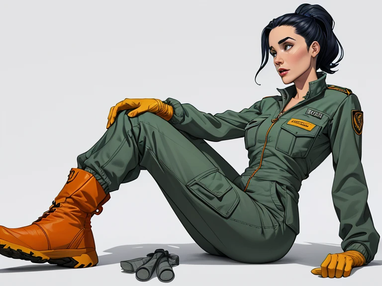 Cartoon style digital illustration white background Jennifer Connelly wearing the uniform from fallout 4 refuge 23 digital illustration Cartoon Material: The jumpsuit is made from a resistant fabric, possibly a cotton and polyester blend, to ensure durability and wear resistance.Cor e textura: The predominant color of the uniform is greyish blue., with a slightly rough texture to withstand harsh conditions.Jumpsuit design: The jumpsuit has long sleeves and long legs, offering almost total body protection. It is designed to be worn over other clothing, providing an additional layer of insulation and protection.Bolsos e compartimentos: The jumpsuit has several pockets strategically positioned around the torso, legs and arms. These pockets are useful for storing tools, survival equipment and other essential objects. Furthermore, There may be internal pockets for more precious or sensitive items.Fecho e ajustes: Na parte da frente, the jumpsuit can have a sturdy zipper closure or snap buttons, proporcionando um fechamento seguro. Furthermore, pode haver ajustes na cintura, cuffs and ankles to ensure a comfortable, personalized fit.Vault 23 Emblem: The Vault 23 emblem is prominent on the chest and back of the uniform. Ele pode ser bordado ou estampado, featuring a stylized geometric figure representing identity and affiliation with the refuge.Complementary accessories: Para complementar o uniforme, residents of Refugio 23 can wear heavy-duty work gloves, possibly made from the same material as the jumpsuit, and durable safety boots, designed to protect feet from sharp objects and rough terrain.