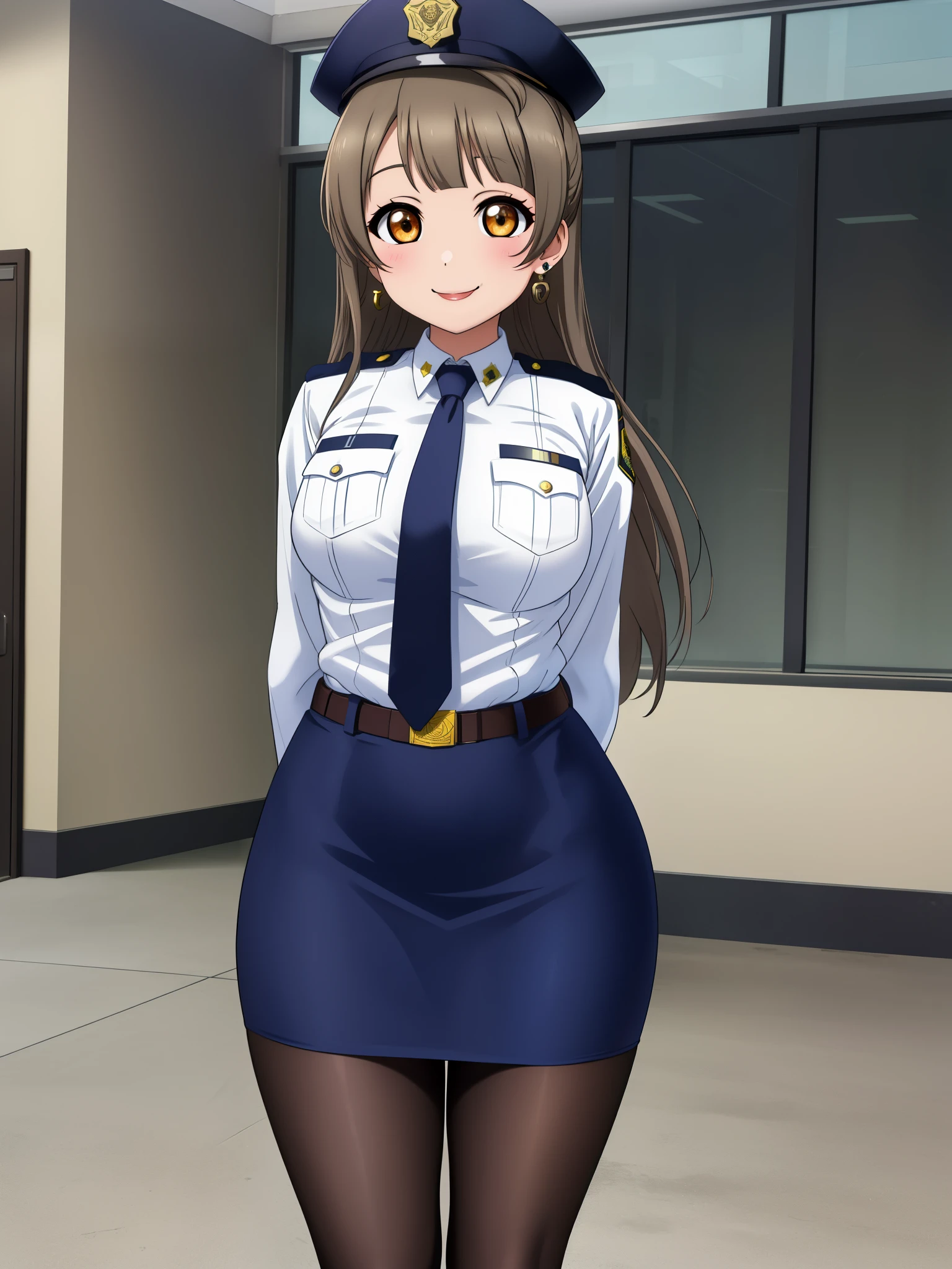 Masterpiece, best quality, (detailed face), minami kotori, curvy body, smile ,white shirt,half sleeves,earrings, pencil skirt, necktie , standing,police cap,in police station,looking at viewer, cowboy shot, thighs, wide hips , arms behind back ,solo focus ,belt, pantyhose , skin tight  