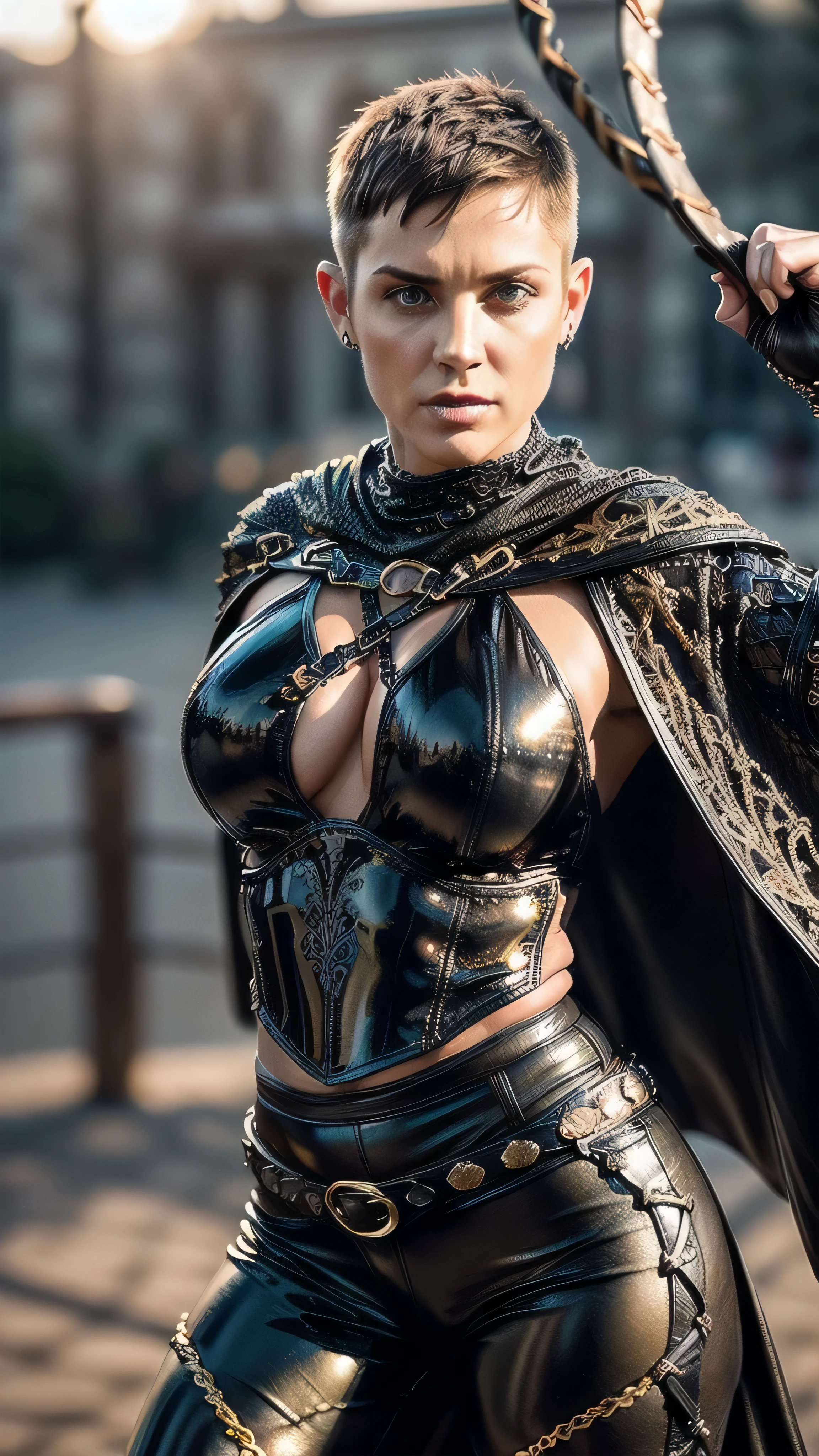 (masterpiece), (extremely intricate:1.3), (realistic), portrait of a muscular bodybuilder girl, (((medieval armor:1.6 (lacquered blackchrome gold filigree breastplate, perfectchainmail,, black cape, leather pants, straps, buckles ((bullwhip))), wind blown blowing [blonde hair:dark hair:0.6], [flat chest:large breasts:0.9])), tattoo:1.0), metal reflections, upper body, outdoors, intense sunlight, far away castle, professional photograph of a stunning woman detailed, ((short undercut shaved hair, dynamic pose)), sharp focus, dramatic, award winning, cinematic lighting, volumetrics dtx, (film grain, blurry background, blurry foreground, bokeh, depth of field, sunset, interaction), 8K