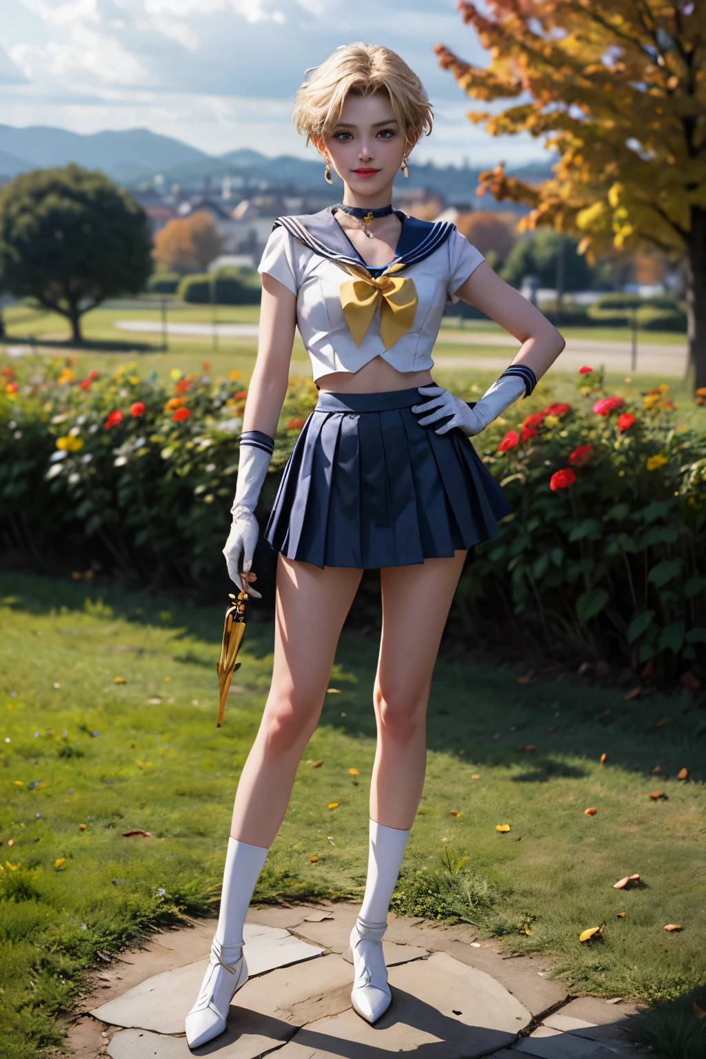 Sailor_Uranus, Blonde, blue eyes, jewelry, choker, , mini skirt, Circlet,white elbow gloves, yellow seifuku, View your viewers, Severe, smile, Medium Shot, 
Are standing, Hands on hips, outside, garden, wood, Field, autumn, cloudy, Extremely detailed, High resolution, Beautiful quality,analog  