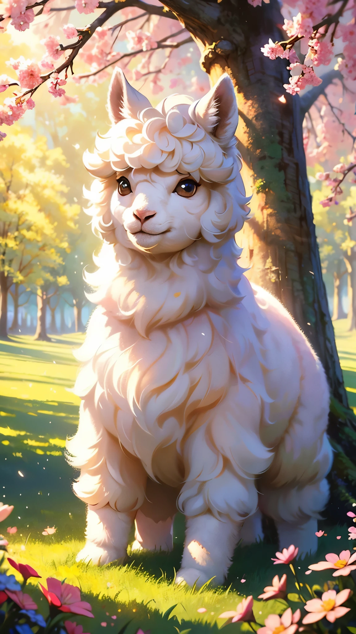 (best quality, highres, ultra-detailed), cute alpaca, soft fur, fluffy appearance, adorable eyes, playful expression, gentle smile, vibrant colors, realistic rendering, beautiful landscape, sunlight filtering through the trees, lush grassy fields, blooming flowers in the background, peaceful ambiance, warm and inviting atmosphere, artistic painting style, pastel color palette, delicate brushstrokes, natural lighting, cozy setting, joyful mood