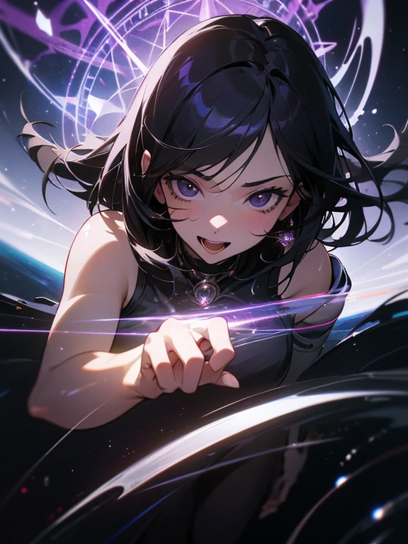 (Best Quality, Masterpiece:1.2), Ultra Detailed, 1girl, full body, black eyes, black hair, shoulder length hair, gloss hair, evil smile, open mouth, single moon, profound space, purple aura, magic circle in background, detailed background, detailed digital anime art, Best Quality, Masterpiece, Ultra-detailed, Beautiful, high resolution, Original, CG 8K, perfect artwork, beautiful face, Face Clean, Skin, hyper realistic, Ultra Detailed, detailed eye, dramatic lighting, (Realistic) Realistic, Full HD, Best Quality, Best Quality, Beautiful lighting, High Details, sharp-focus