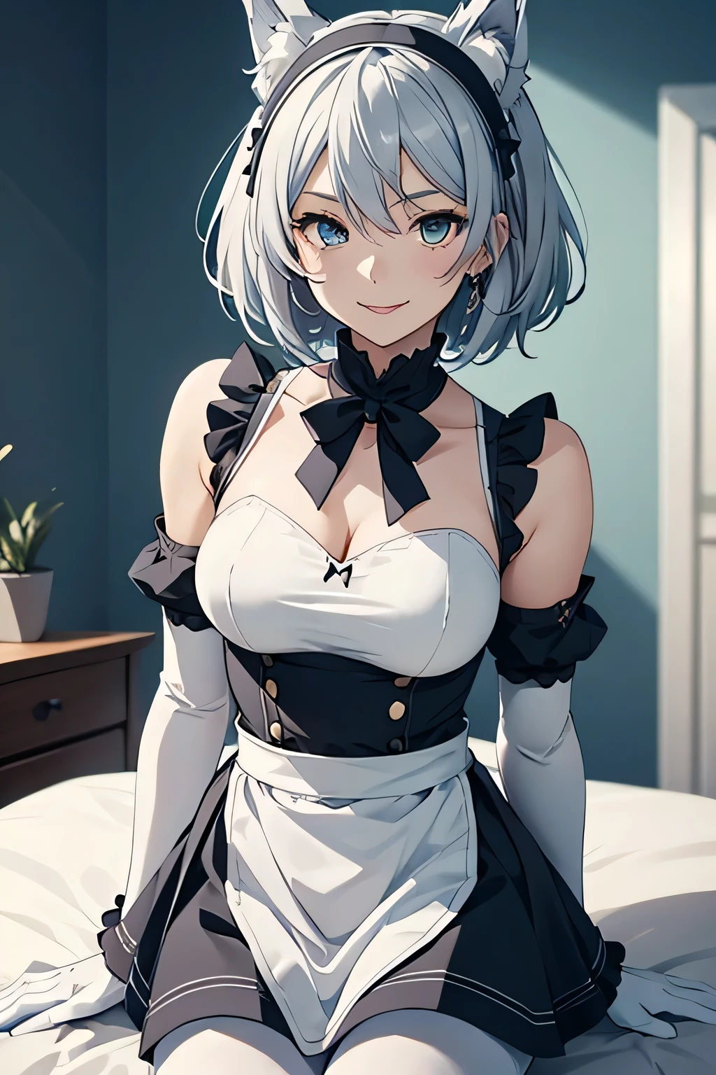 Tabletop Best image quality wonderful Attention to detail One Young Woman((Adult))Anime Style light blue maid outfit(Sleeveless) mini skirt Pure white gloves(Elbow Gloves) White Pantyhose(Plain) wolf ears short hair((Shortcuts)(Gray Hair)(Curly Hair)(fluffy)) smile(Happy) Eye color is blue background(Bedroom)