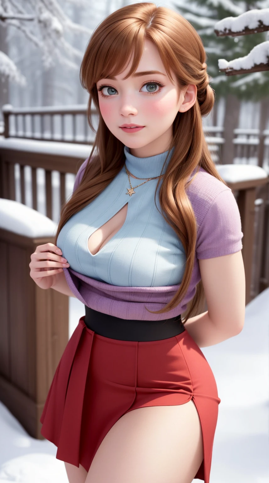 woman, ((Masterpiece, best quality)), detailed skin, highly detailed, cinematic lighting, ultra realistic, blush, looking at viewer,  anna, anna from frozen, princess, disney, brown hair, long hair, portrait, outdoor, snow,  cleavage,  large breasts,  wide hips, full body view, tall, 
skirt, miniskirt, microskirt, pleated skirt, thighs,