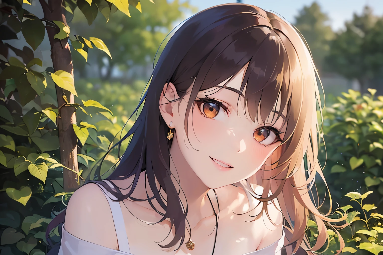 head tilt、Upper Body, Realistic, real person, (pale skin: 1.2), RAW photo, photorealistic, portrait photography, shiny skin, shiny hair、(25 year old woman with medium hair with bangs) and (wavy hair) and (brown hair) and (orange eyes) , (Orange) and (Off-the-shoulder blouse)、(smile:1.3), Bold composition、background is outside、garden、Cleavage