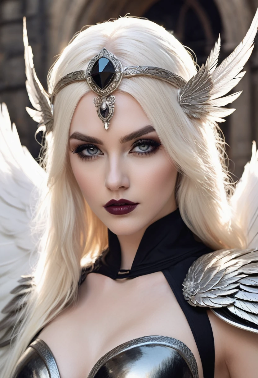 Beautyfull realistic Angle, head halo, thin curved eyebrows, long black luscious eyelashes, black eyeliner, dark eye shadow, face makeup, bark lipstick,defined black iris,detailed Florence eyes,long luscious platinum blond hair, pale skin,hour glass body, realisticheavy heavenly outfit, full size white feather wings on back, spear weapons, combat in the background, dawn,