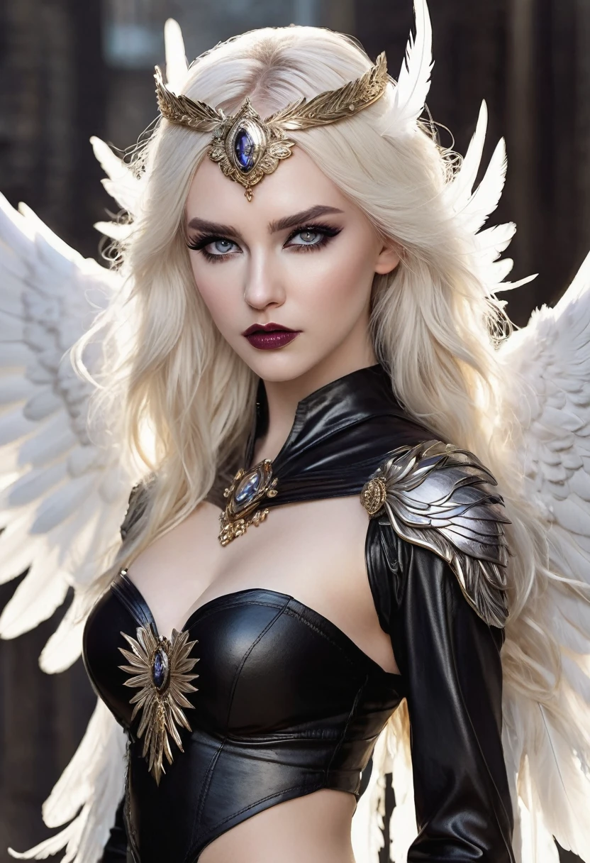 Beautyfull realistic Angle, head halo, thin curved eyebrows, long black luscious eyelashes, black eyeliner, dark eye shadow, face makeup, bark lipstick,defined black iris,detailed Florence eyes,long luscious platinum blond hair, pale skin,hour glass body, realisticheavy heavenly outfit, full size white feather wings on back, spear weapons, combat in the background, dawn,