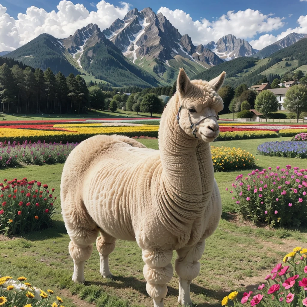 a fluffy alpaca in a beautiful flower field,soft wool,curly hair,noble posture, friendly expression, vivid colors,painting-like illustration,happy atmosphere,natural lighting,majestic mountains in the background,sharp focus