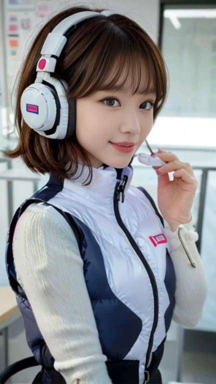 (NSFW), (1 girl: 1.3),
BREAK, Half body shot, Japanese, 17 year old supermodel, High school girl, (from the side), (Best quality: 1.4), 32K resolution, (Realistic: 1.5), (Surrealistic: 1.5), High resolution 32k UHD, (Masterpiece: 1.2)), (Improved quality: 1.4), (Very beautiful facial details), (Top quality realistic textured skin: 1.4), (Perfect anatomy: 1.2), Yes:1.37),
BREAK
  ((astrovest:1.5)), ((headphone:1.15)),
BREAK
(black sleeves):2,(black long sleeves):2,(astrovest):2,
BREAK
(look at viewer):1.2,De-emphasizes the bust top, ((In a futuristic white classroom: 1.15)), inside spacecraft, precise fingers, very detailed, symmetrical eyes, ((looks at viewer)), natural makeup, ( (Good eye for quality: 1.2)), (Tired, sleepy and satisfied: 0.0), (Beautiful lips: 1.33), (Great nose: 1.2), ((Physically-based rendering of background: 1.37)), Thin: 1.2, flat chest, (slender lower body), brown hair, (shaggy hair:1.37), anxious face, gentle light illuminates face and body, professional film lighting,smile,