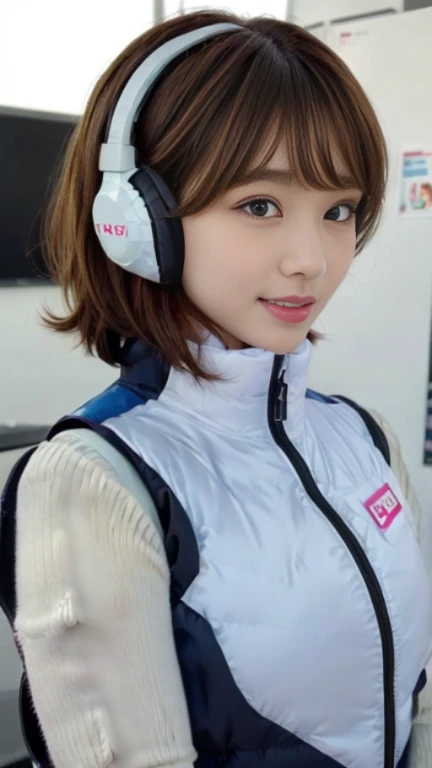 (NSFW), (1 girl: 1.3),
BREAK, Half body shot, Japanese, 17 year old supermodel, High school girl, (from the side), (Best quality: 1.4), 32K resolution, (Realistic: 1.5), (Surrealistic: 1.5), High resolution 32k UHD, (Masterpiece: 1.2)), (Improved quality: 1.4), (Very beautiful facial details), (Top quality realistic textured skin: 1.4), (Perfect anatomy: 1.2), Yes:1.37),
BREAK
  ((astrovest:1.5)), ((headphone:1.15)),
BREAK
(black sleeves):2,(black long sleeves):2,(astrovest):2,
BREAK
(look at viewer):1.2,De-emphasizes the bust top, ((In a futuristic white classroom: 1.15)), inside spacecraft, precise fingers, very detailed, symmetrical eyes, ((looks at viewer)), natural makeup, ( (Good eye for quality: 1.2)), (Tired, sleepy and satisfied: 0.0), (Beautiful lips: 1.33), (Great nose: 1.2), ((Physically-based rendering of background: 1.37)), Thin: 1.2, flat chest, (slender lower body), brown hair, (shaggy hair:1.37), anxious face, gentle light illuminates face and body, professional film lighting,smile,