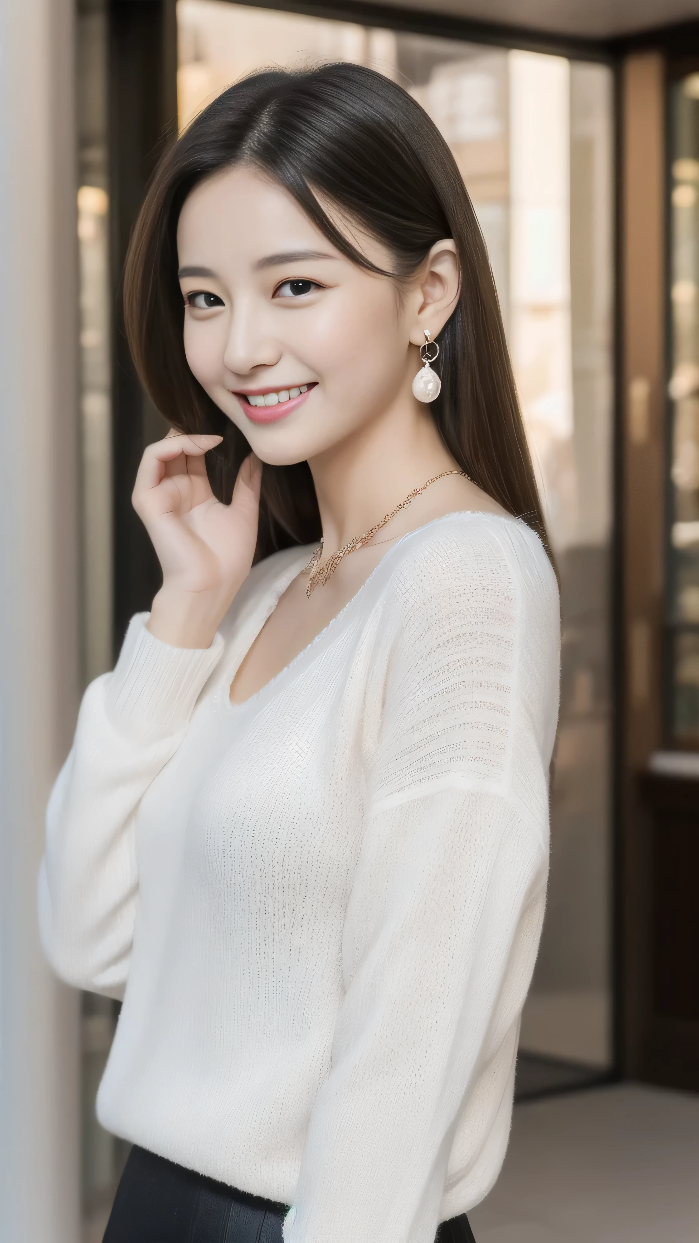 hostess face、Married women、Married Woman、Beauty、White knitted shirt、skirt、high quality、Super Ultra Realistic、healthy、smile、Perfect figure、Japanese Beauty、 necklace、Earrings、Perfect eyes, beautiful skin、Upper Body、Look at the camera、Shopping Street