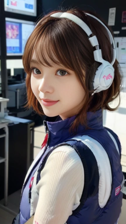 (NSFW), (1 girl: 1.3),
BREAK, Half body shot, Japanese, 17 year old supermodel, High school girl, (from the side), (Best quality: 1.4), 32K resolution, (Realistic: 1.5), (Surrealistic: 1.5), High resolution 32k UHD, (Masterpiece: 1.2)), (Improved quality: 1.4), (Very beautiful facial details), (Top quality realistic textured skin: 1.4), (Perfect anatomy: 1.2), Yes:1.37),
BREAK
((astrovest:1.5)), ((headphone:1.15)),
BREAK
(black sleeves):2,(black long sleeves):2,(astrovest):2,
BREAK
(look at viewer):1.2,De-emphasizes the bust top, ((In a futuristic white classroom: 1.15)), inside spacecraft, precise fingers, very detailed, symmetrical eyes, ((looks at viewer)), natural makeup, ( (Good eye for quality: 1.2)), (Tired, sleepy and satisfied: 0.0), (Beautiful lips: 1.33), (Great nose: 1.2), ((Physically-based rendering of background: 1.37)), Thin: 1.2, flat chest, (slender lower body), brown hair, (shaggy hair:1.37), anxious face, gentle light illuminates face and body, professional film lighting,smile,