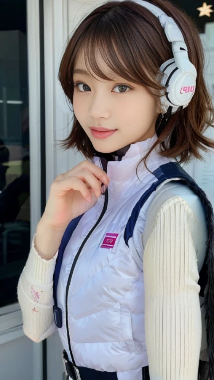 (NSFW), (1 girl: 1.3),
BREAK, Half body shot, Japanese, 17 year old supermodel, High school girl, (from the side), (Best quality: 1.4), 32K resolution, (Realistic: 1.5), (Surrealistic: 1.5), High resolution 32k UHD, (Masterpiece: 1.2)), (Improved quality: 1.4), (Very beautiful facial details), (Top quality realistic textured skin: 1.4), (Perfect anatomy: 1.2), Yes:1.37),
BREAK
((astrovest:1.5)), ((headphone:1.15)),
BREAK
(black sleeves):2,(black long sleeves):2,(astrovest):2,
BREAK
(look at viewer):1.2,De-emphasizes the bust top, ((In a futuristic white classroom: 1.15)), inside spacecraft, precise fingers, very detailed, symmetrical eyes, ((looks at viewer)), natural makeup, ( (Good eye for quality: 1.2)), (Tired, sleepy and satisfied: 0.0), (Beautiful lips: 1.33), (Great nose: 1.2), ((Physically-based rendering of background: 1.37)), Thin: 1.2, flat chest, (slender lower body), brown hair, (shaggy hair:1.37), anxious face, gentle light illuminates face and body, professional film lighting,smile,