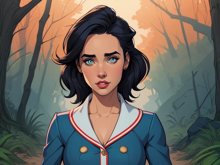 Personagem mulher PinUp dos anos 30 com marcas de guerras Imagem de desenho animado de uma mulher .cartoon style illustration, estilo de arte dos desenhos animados, estilo de arte dos desenhos animados, digital illustration style, design de personagens altamente detalhado, arte digital detalhada coragem, Forest fan art, Design de personagens de retrato, beautiful digital illustration, retrato de alta qualidade, Arte em quadrinhos, mulher jovem cabelo com transas lindas . Beautiful lined eyes Medium large bust and wonderful sexy clothes. image expression of sexual desire from the waist to the illustration Jennifer Connelly Fallout 23 uniform