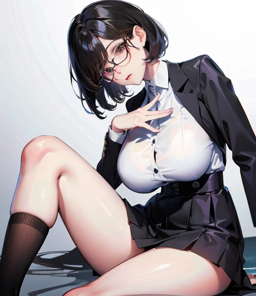 1 girl, Glasses, (whole body:1.2), Sitting, (Angle from below:1.1), (Side angle:1.1), Erotic look, (The body is slim:1.2), (Huge breasts:1.3), (Long, slender legs:1.1), Black Hair, short hair, White long sleeve shirt, Pleated skirt, (Dark blue high socks:1.1), Black high heels、