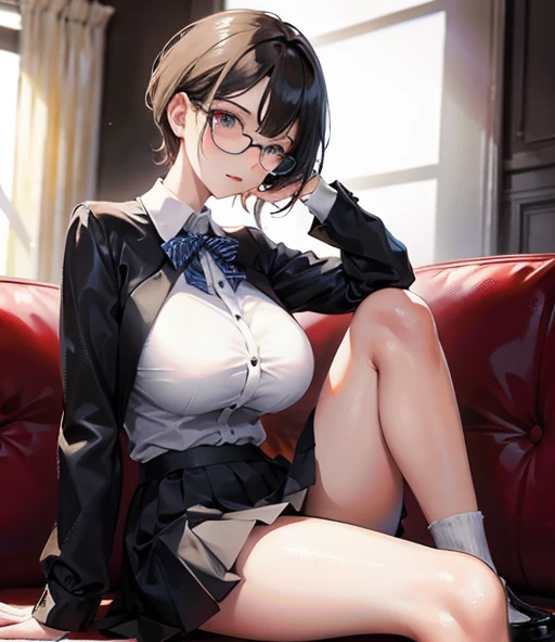 1 girl, Glasses, (whole body:1.2), Sitting, (Angle from below:1.1), (Side angle:1.1), Erotic look, (The body is slim:1.2), (Huge breasts:1.3), (Long, slender legs:1.1), Black Hair, short hair, White long sleeve shirt, Pleated skirt, (Dark blue high socks:1.1), Black high heels、