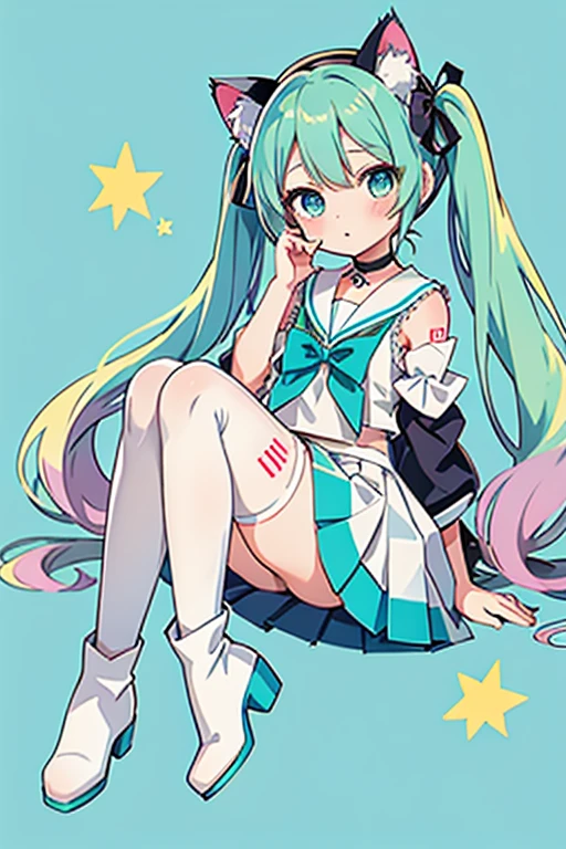 mmasterpiece, highest quality, High resolution, Absurd,
One girl,
6  girl, One girl, (Light_bow, flow), (âœ¨,â¤:1.2), Cat ear, Animal ears, Twin tails, Sleeveless sailor suit, White ruffle skirt, Off the shoulder, (Blue eyes and green eyes:1.4), Knee-high boots ,Blue Ribbon,Cat ear, Animal ears, Hatsune Miku's hairstyle, Sleeveless sailor suit, White ruffle skirt, (ブルー Off the shoulder ジャンパー:1.2), Knee-high boots, Blue Ribbon, cute,cute, choker with one star keychain,