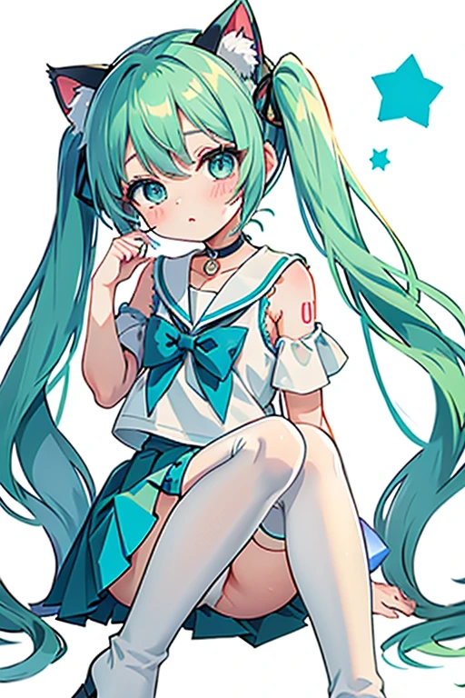 mmasterpiece, highest quality, High resolution, Absurd,
One girl,
6 year old girl, One girl, (Light_bow, flow), (âœ¨,â¤:1.2), Cat ear, Animal ears, Twin tails, Sleeveless sailor suit, White ruffle skirt, Off the shoulder, (Blue eyes and green eyes:1.4), Knee-high boots ,Blue Ribbon,Cat ear, Animal ears, Hatsune Miku's hairstyle, Sleeveless sailor suit, White ruffle skirt, (ブルー Off the shoulder ジャンパー:1.2), Knee-high boots, Blue Ribbon, cute,cute, choker with one star keychain,