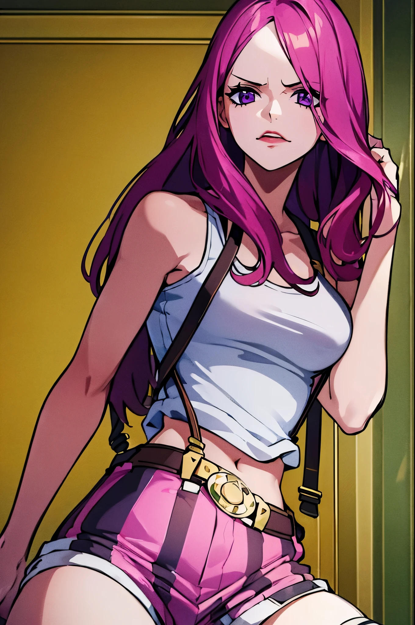 (masterpiece, best quality:1.2), expressive eyes, perfect face, highres, 1girl, solo, JewelryBonneyV2, lipstick, purple eyes, pink hair, long hair, white tank top, suspenders, thighhighs, striped shorts, brown boots, straight hair, standing, upper body, looking at the viewer