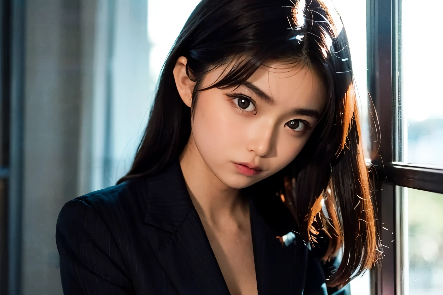 (Ogawa Noriko), European girl portrait,alone,20 years,Beautiful Face,Upper Body,Hair on one eye,medium side cut, Black Hair, Sharp focus,Black business suit, business shirt