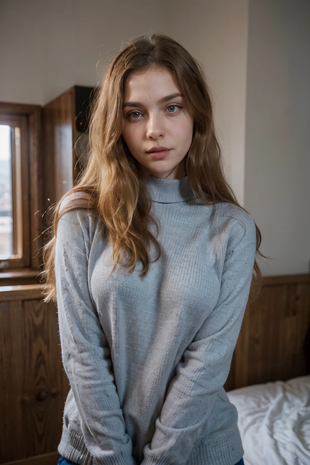 beautiful succubus, grey eyes, ((derevschikova)), beautiful alluring , perfect nose, ultra beautiful, with her long, perfect beautiful, realistic , epic beautiful, 8k, fuji xt3, not cropped, premium wide open city ” Extremely realistic blonde Russian girl with blonde hair and blue eyes, wearing a blue jumper, entire body, looking at the camera