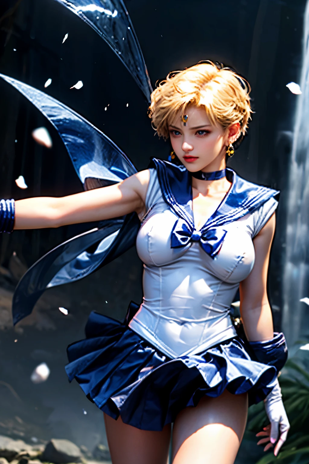 (Ultra-realistic,32k, masterpiece:1.2),(Skin with attention to detail:1.1),( high quality:1.1),
One girl,(pain:1.1), alone, EPsm Sailor Uranus, short hair, Blonde, blue eyes, bishoujo senshi sailor moon, blue choker, blue Sailor collar, blue skirt, bow, choker, Earrings, gloves,  jewelry, Outer Warrior, Sailor collar, Sailor Warriors, skirt, very short hair, white gloves, yellow bow, Crystal Cascade, Shining waterfalls, Cave of Gems, Magic charm blurred background,, (View your viewers, Stand from below:1.1),,(Huge breasts,big breasts:1.1),(iris:1.1),