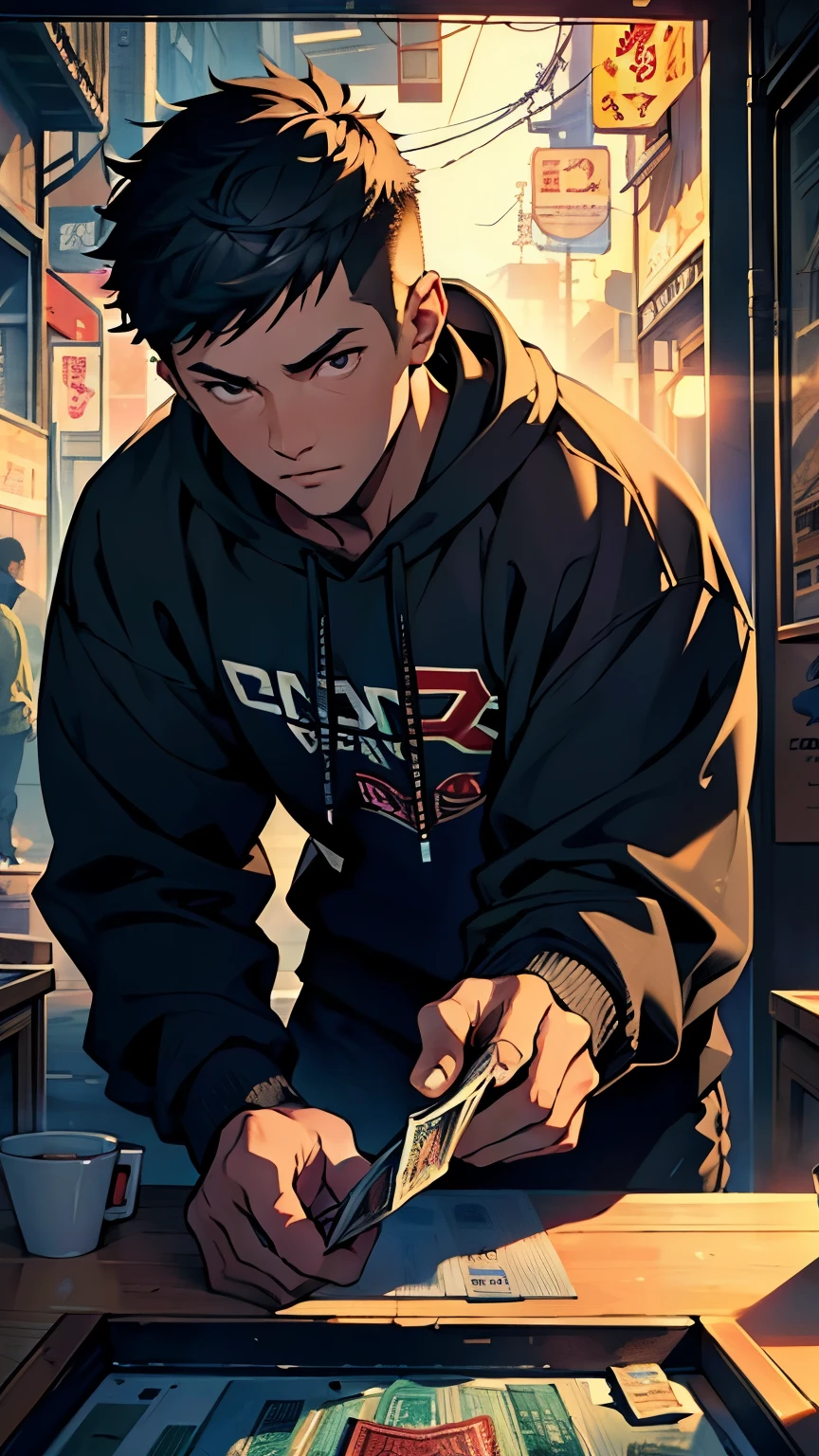 A 25-year-old short-haired man wearing a sweatshirt。Scratching lottery tickets with full concentration。Surrealism, High Detail, Movie Lighting, Ray Tracing, Viewing angle, Eye level shot, Ultra HD, masterpiece, Textured Skin, 4K, best quality