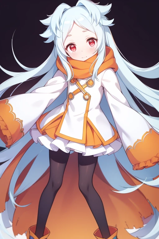 Light blue hair, Very long hair, Red eyes, very thin body, low length, , White clothes with sleeves long enough to cover her hands, Orange Skirt, Light Orange Muffler, Black leggings, cute, high quality