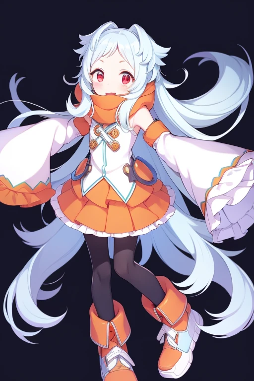 Light blue hair, Very long hair, Red eyes, very thin body, low length, , White clothes with sleeves long enough to cover her hands, Orange Skirt, Light Orange Muffler, Black leggings, cute, high quality