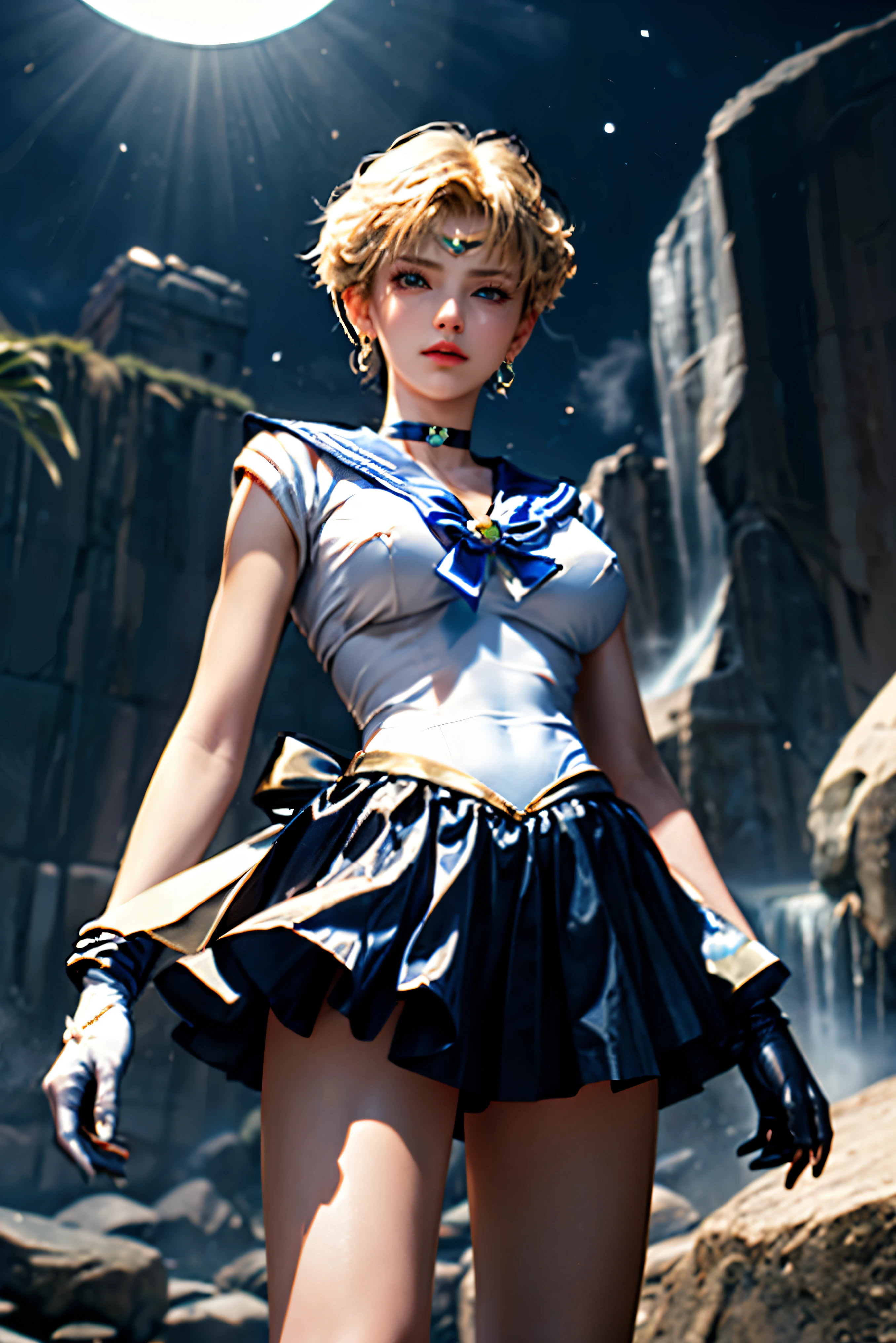 (Ultra-realistic,32k, masterpiece:1.2),(Skin with attention to detail:1.1),( high quality:1.1),
One girl,(pain:1.1), alone, EPsm Sailor Uranus, short hair, Blonde, blue eyes, bishoujo senshi sailor moon, blue choker, blue Sailor collar, blue skirt, bow, choker, Earrings, gloves,  jewelry, Outer Warrior, Sailor collar, Sailor Warriors, skirt, very short hair, white gloves, yellow bow, Crystal Cascade, Shining waterfalls, Cave of Gems, Magic charm blurred background,, (View your viewers, Stand from below:1.1),,(Huge breasts,big breasts:1.1),(iris:1.1),