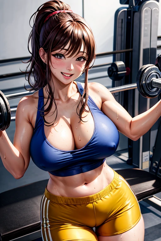 8k,highest quality,masterpiece,Very detailed,Realistic,Gym、One girl,Japanese women,(Big Breasts:1.2),Cleavage,[[Camel Toe]],Toned and attractive body,(Tank top:1.3),(hot pants:1.3),ponytail,brown hair,Grin,(Sweat on the chest),(Fitness:1.3),View your viewers,Cowboy Shot,((Gym:1.2)),、Camel Toe、Giant tit、Nipple Puffs、Cleavage、Plump、Super big breasts、bench press、training、Dazzling Smile